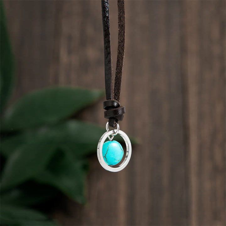 Kette Türkis Ring – Schutz & Stärke Anhänger schwarzes Lederband