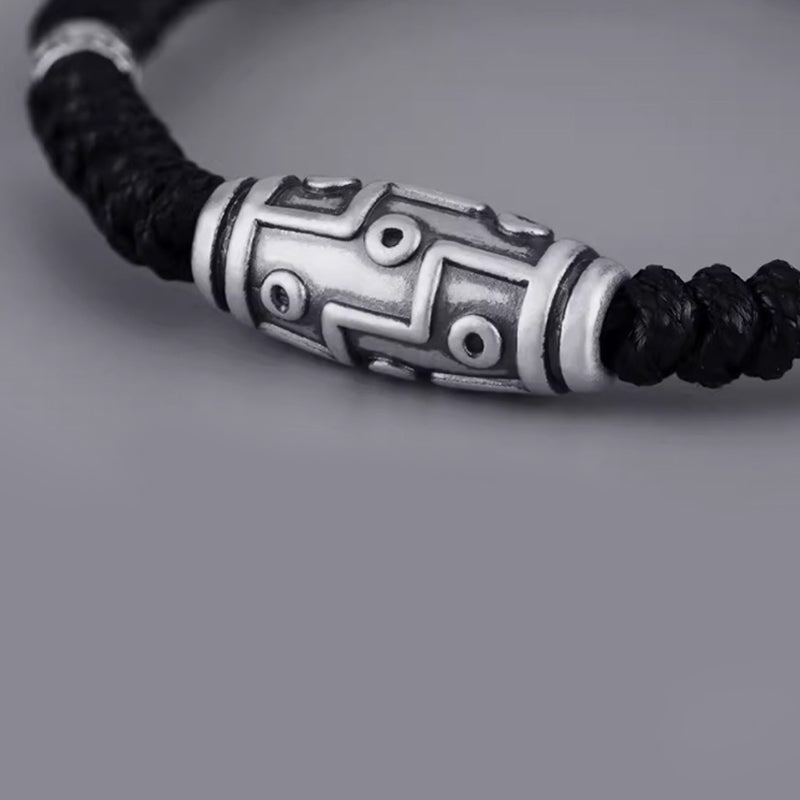 Armband 925 Silber mit geometrischem Muster schwarze Kordel elastisch
