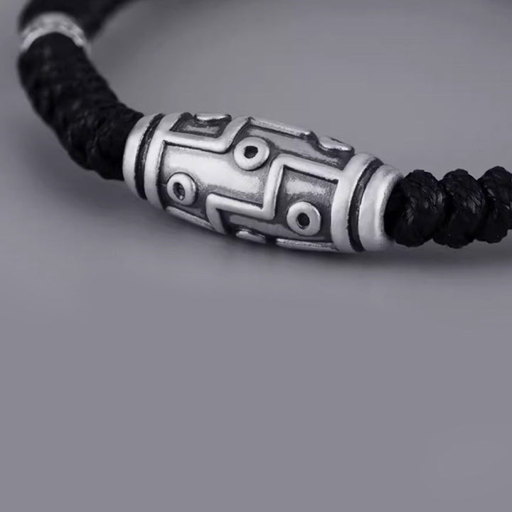 Armband 925 Silber mit geometrischem Muster schwarze Kordel elastisch