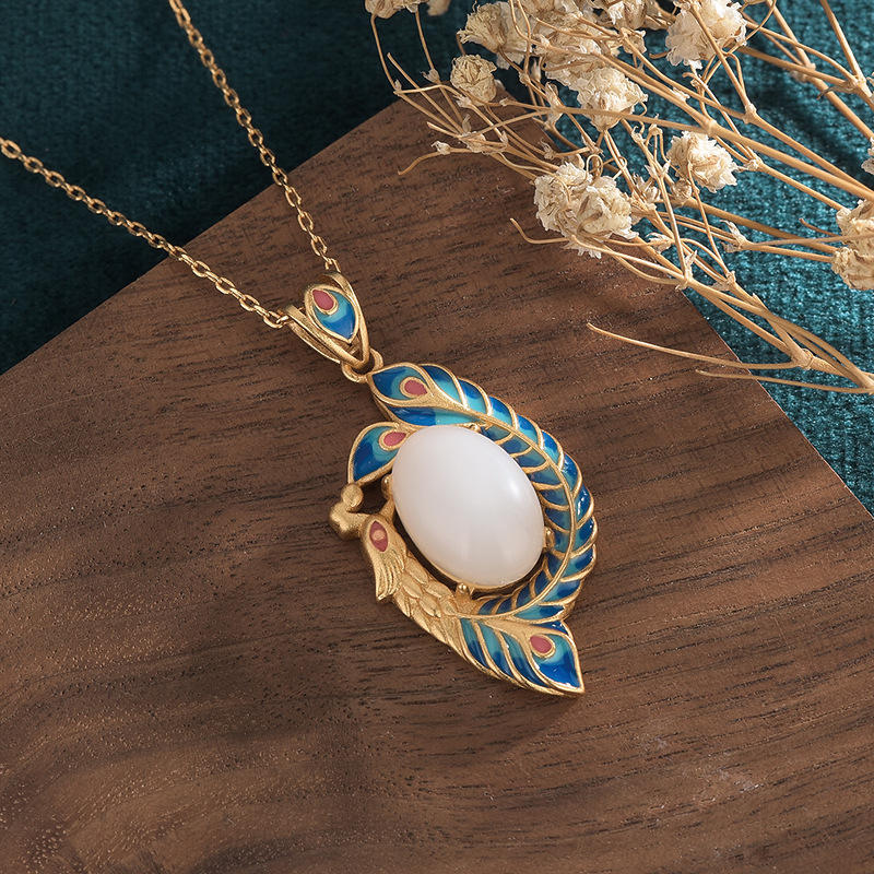 Kette Weiße Jade Pfau Gold Segen
