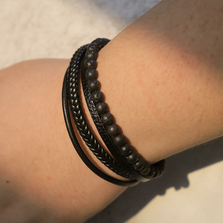 Armband Lava Stein Schwarz Onyx Leder