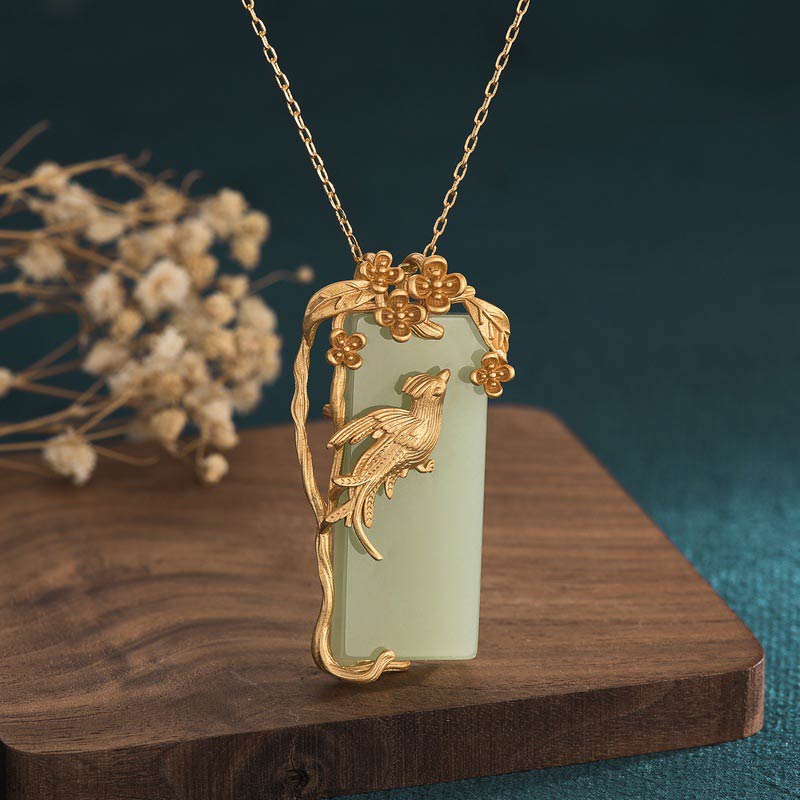 Kette Grüner Jade Anhänger Gold Vogel Blüten