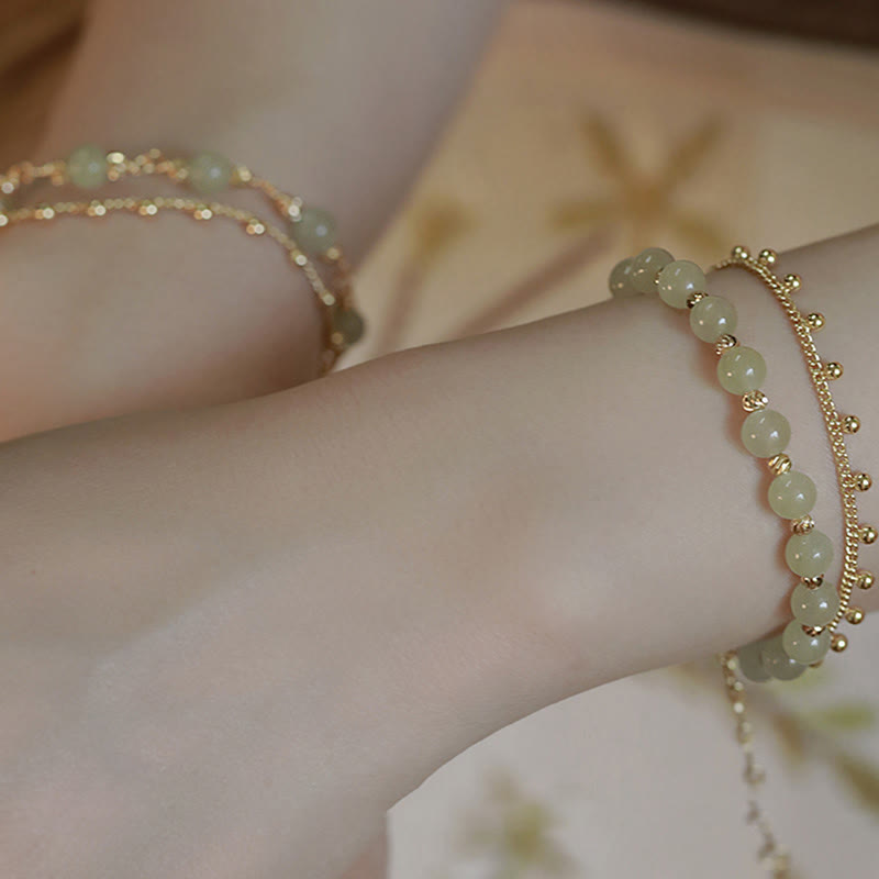 Jade Armband Glück Wohlstand grüne Perlen gold Kettchen Handgelenk elegant