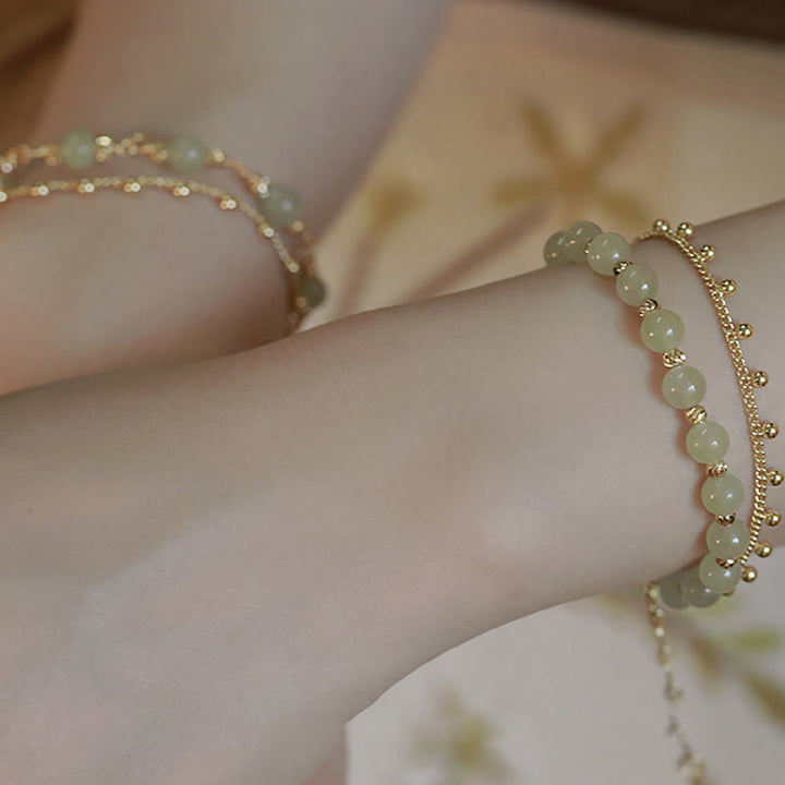 Jade Armband Glück Wohlstand grüne Perlen gold Kettchen Handgelenk elegant