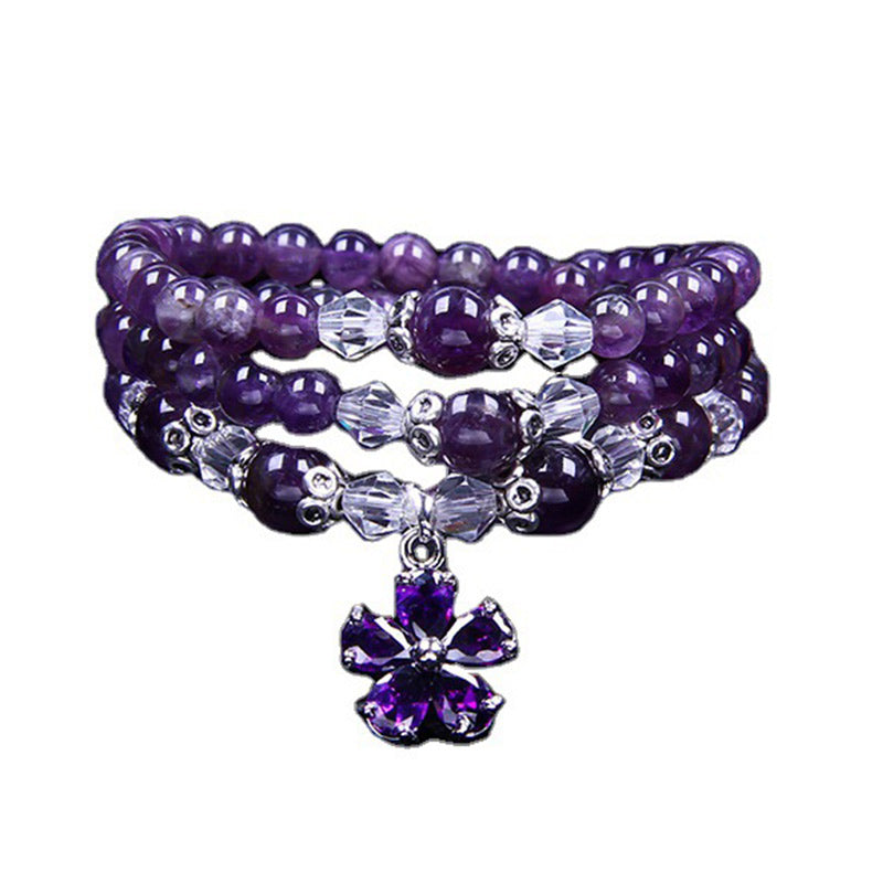 Armband Amethyst – Segen lila Naturstein mit Blütenanhänger elastisch