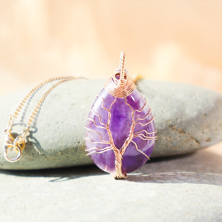 Kette Quarz Lebensbaum Anhänger Violett Naturstein Heilung Harmonie