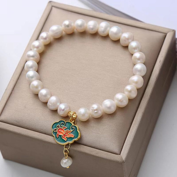 Armband Perle Koi Fisch Charm Weiße Süßwasserperlen Grün Gold