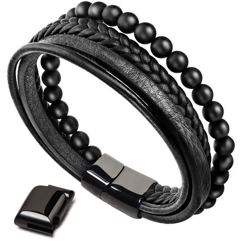 Armband Lava Stein Schwarz Onyx Leder