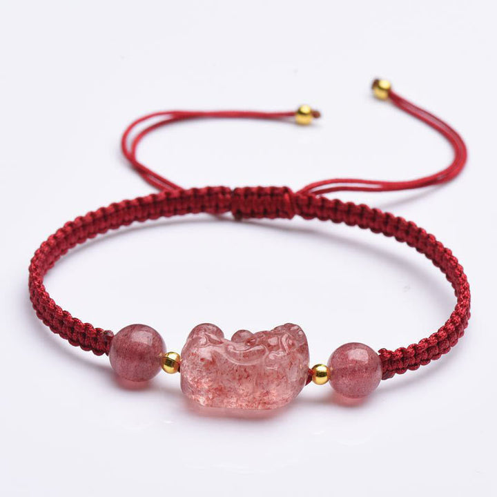 Rotes Armband Erdbeerquarz Pixiu elastisch geflochten Glück Wohlstand.