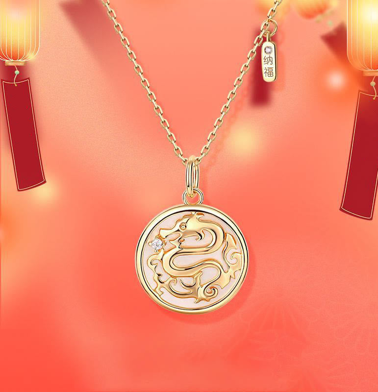 Anhänger Kette Tridacna Fu-Zeichen Drachen Stärke Gold