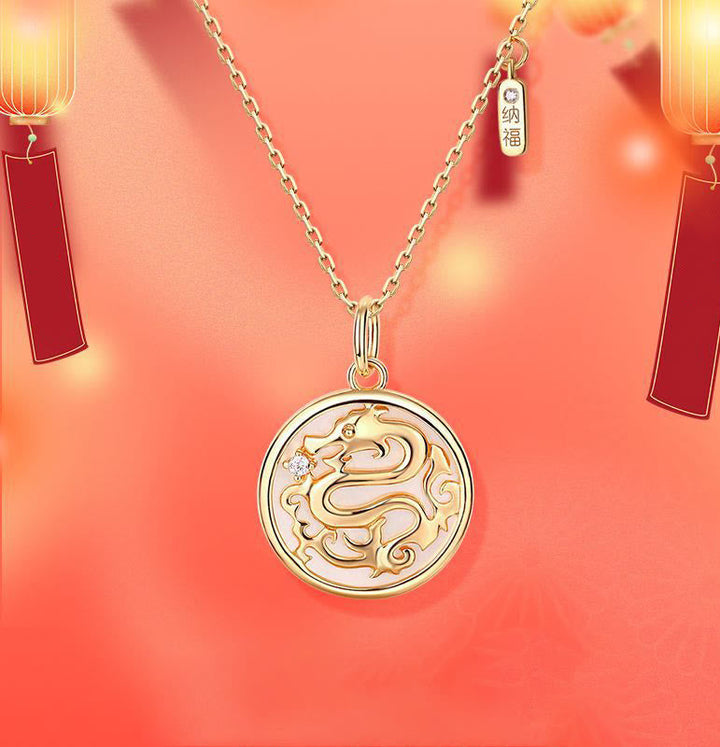 Anhänger Kette Tridacna Fu-Zeichen Drachen Stärke Gold