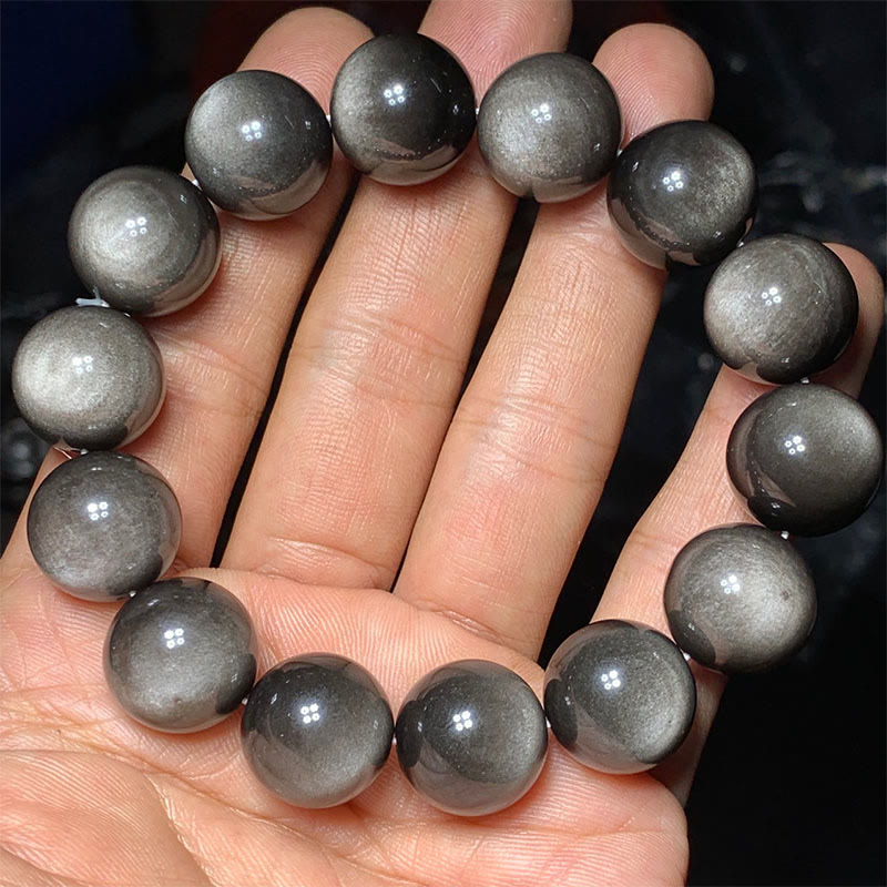 Armband Silber Obsidian – Schutz Naturstein grau elastisch am Handgelenk getragen