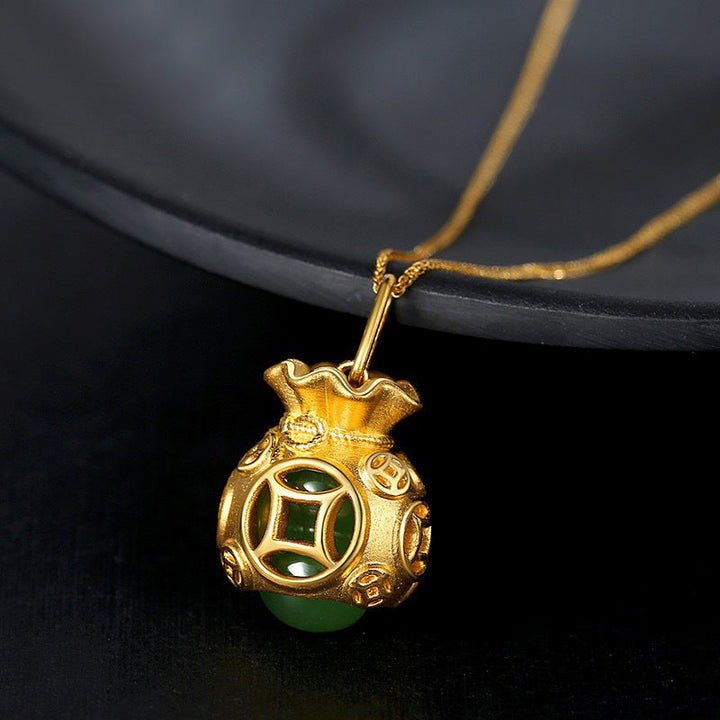 Jade Glücksbeutel Kette Gold grüner Stein eleganter Anhänger