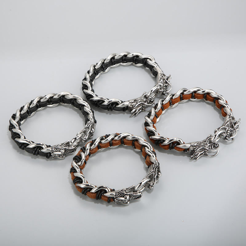 Armband Drachen Schutz Glück Balance Leder Silber Geflochten Drei Varianten