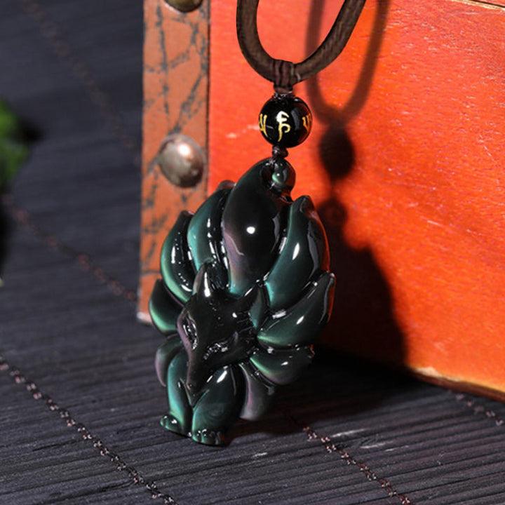 Kette Obsidian Neunschweif-Fuchs Anhänger schwarzer Stein Schnitzerei Kunsthandwerk