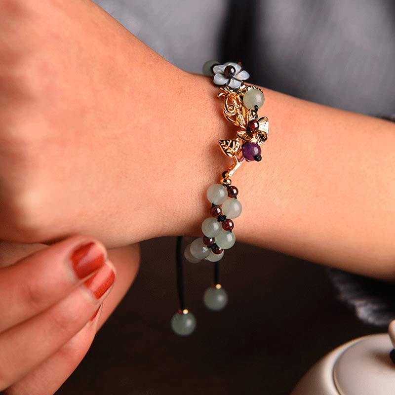 Armband Grüner Aventurin Granat & Blüten Anhänger - Glück