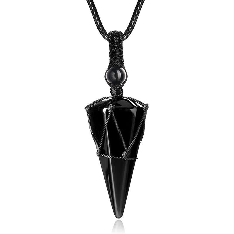 Schwarze Obsidian Spitz-Anhänger Halskette mit Seil und Perle Verschluss
