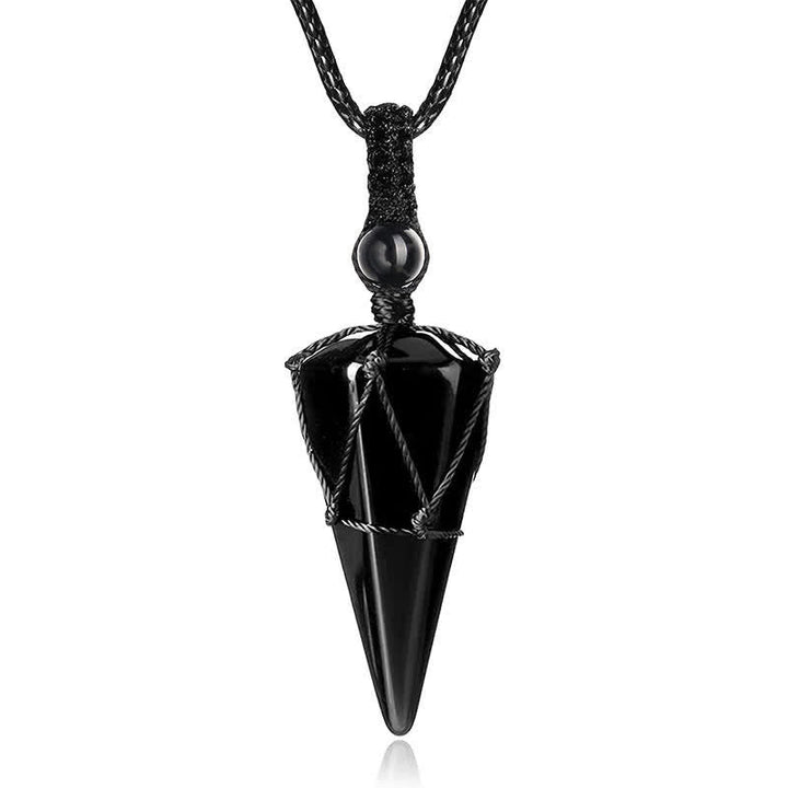 Schwarze Obsidian Spitz-Anhänger Halskette mit Seil und Perle Verschluss
