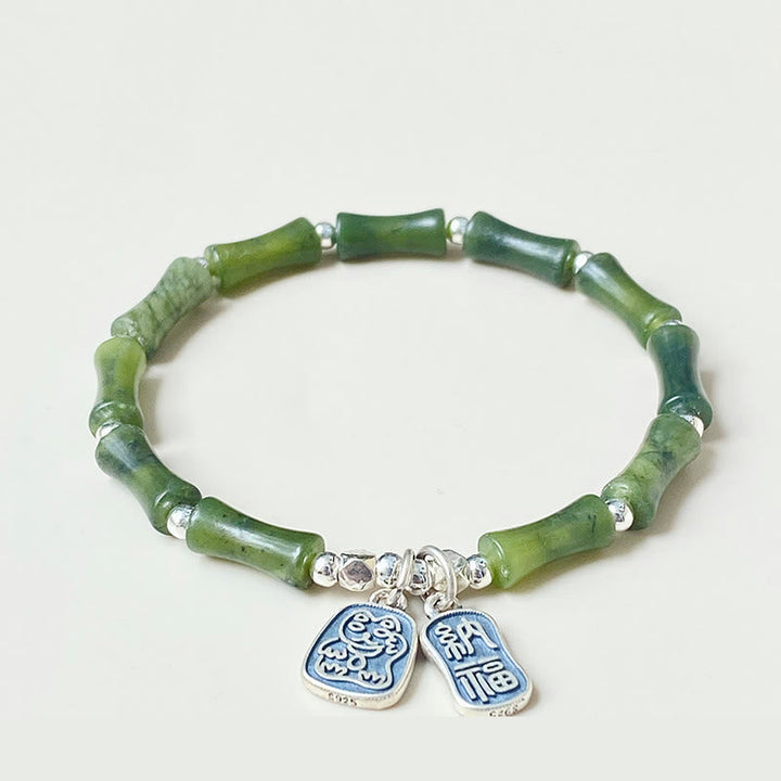 Grünes Jade Armband 925 Silber mit Fu-Zeichen Anhängern Glück Fülle.