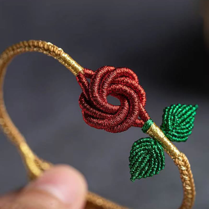 Armband – Glück & Frieden & Energie mit roter Blüte Goldstrang grün.