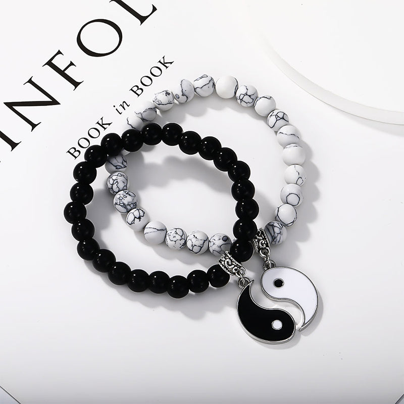 Yin Yang Armband mit schwarzem Onyx und weißem Marmor Perlen Schutz