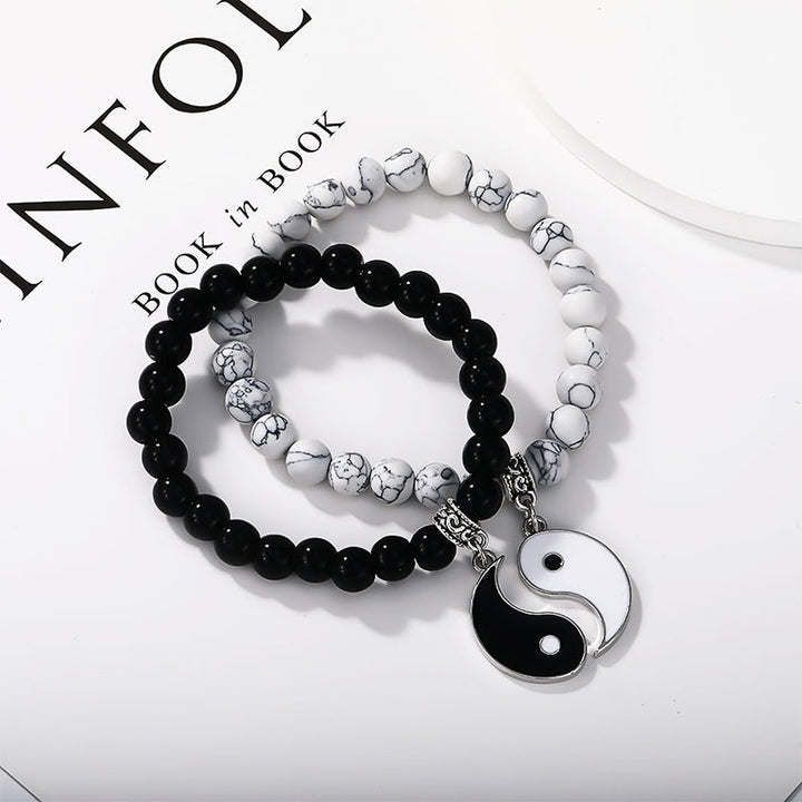Yin Yang Armband mit schwarzem Onyx und weißem Marmor Perlen Schutz
