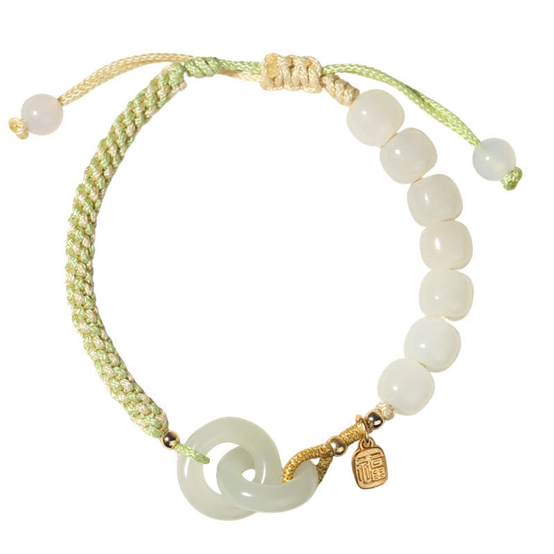 Jade Fu-Zeichen Armband mit grünem Seil und Perlen elastisch