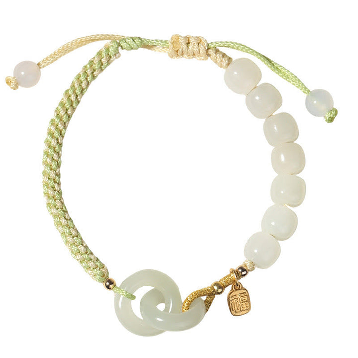 Jade Fu-Zeichen Armband mit grünem Seil und Perlen elastisch