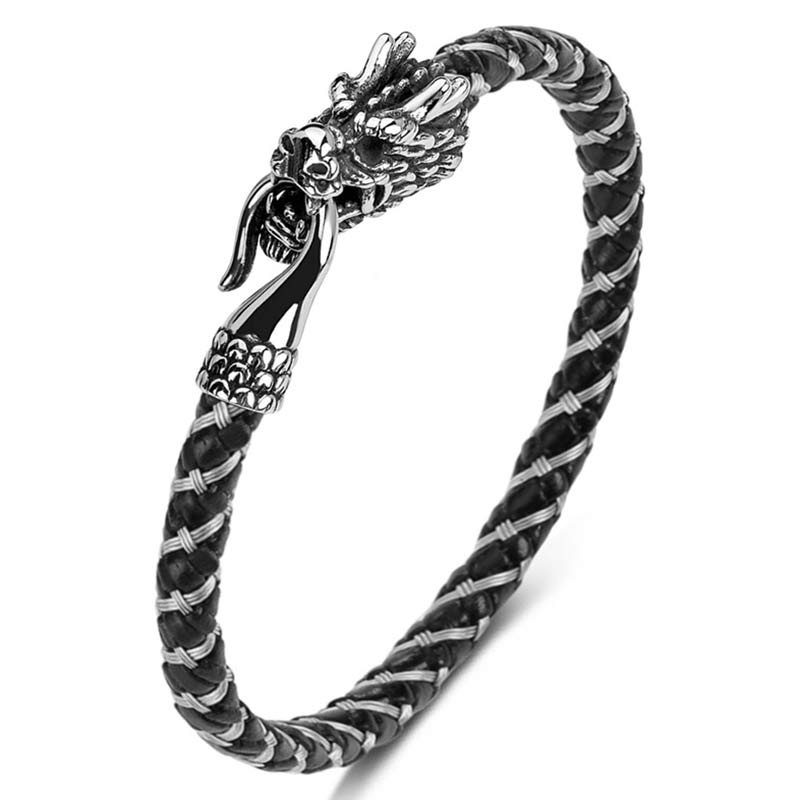 Armband Drachen Schutz Glück, silberner Drachenkopf, schwarzes Geflecht, Detailaufnahme