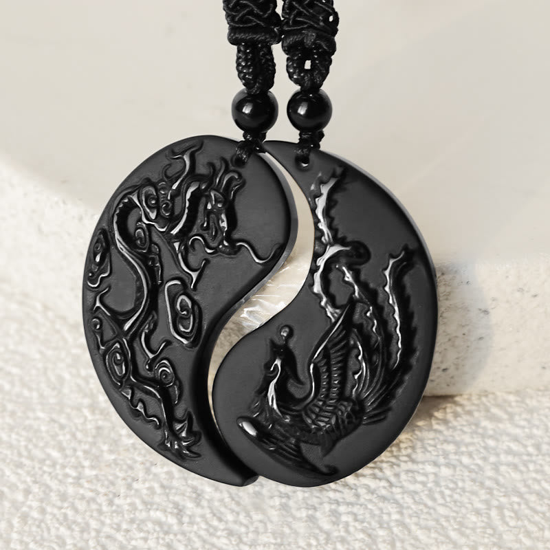 Obsidian Drachen Phönix – Bild 3 – Obsidian Drachen Phönix Yin Yang Anhänger schwarzer Naturstein Kette
