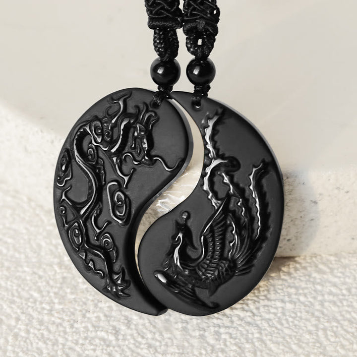 Obsidian Drachen Phönix – Bild 3 – Obsidian Drachen Phönix Yin Yang Anhänger schwarzer Naturstein Kette
