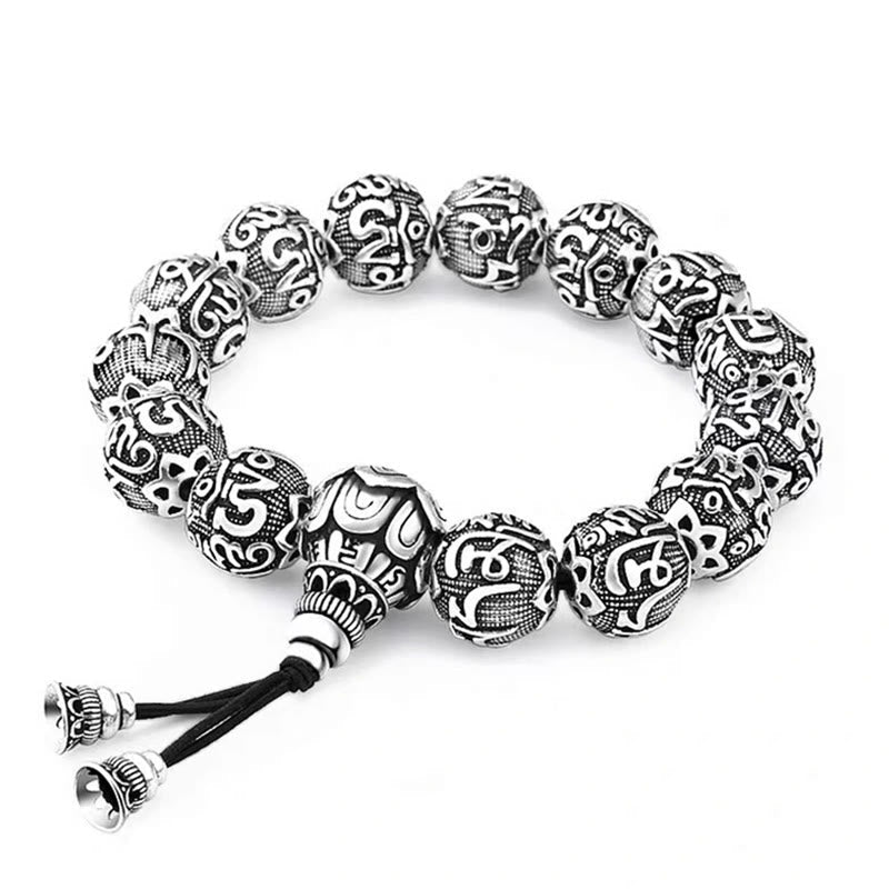 Silbernes Om Mani Padme Hum Armband mit strukturierten Perlen elastisch