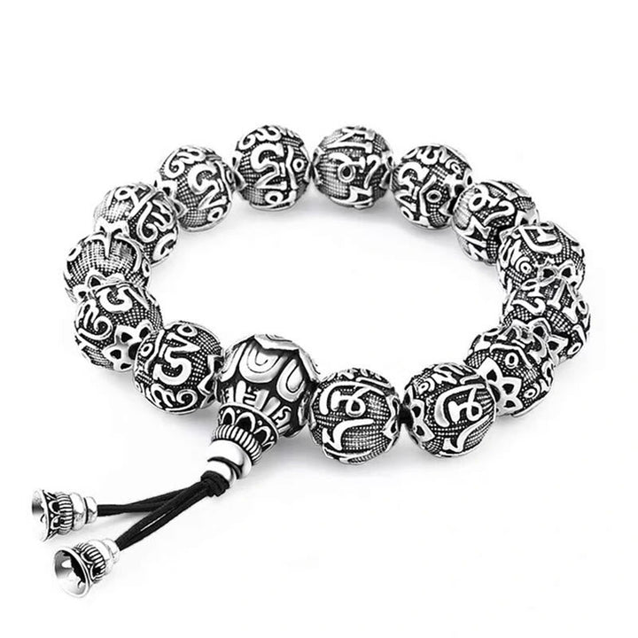 Silbernes Om Mani Padme Hum Armband mit strukturierten Perlen elastisch