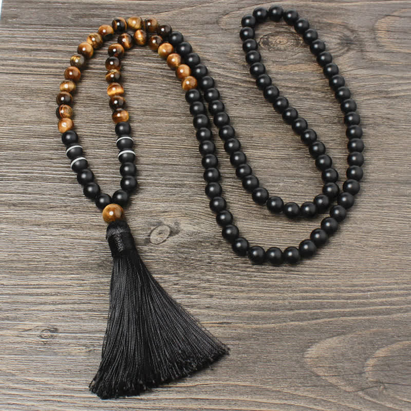 Kette Schwarzer Onyx Tigerauge Glück Mala Quaste