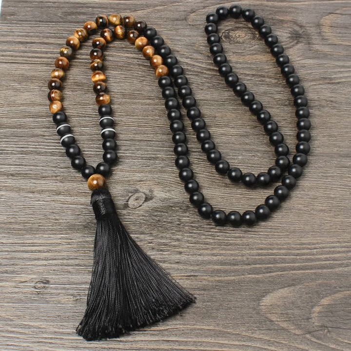 Kette Schwarzer Onyx Tigerauge Glück Mala Quaste