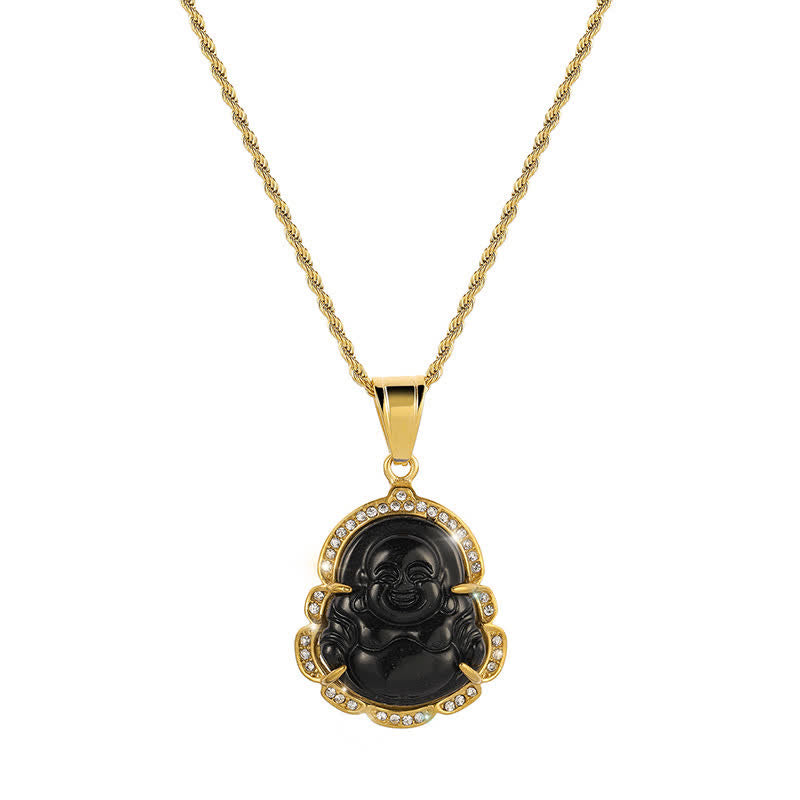 Goldkette mit schwarzem Jade Buddha Lachen Anhänger und Kristallen