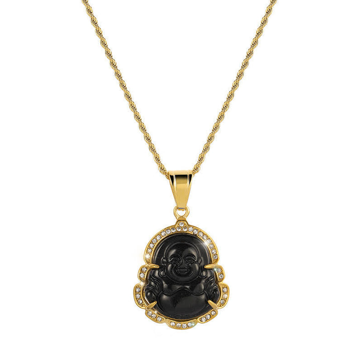Goldkette mit schwarzem Jade Buddha Lachen Anhänger und Kristallen