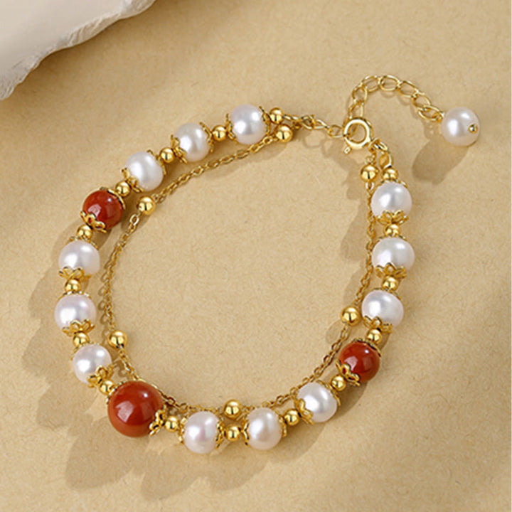 Armband 925 Silber Zinnober – Energie mit Perlen und Goldkugeln