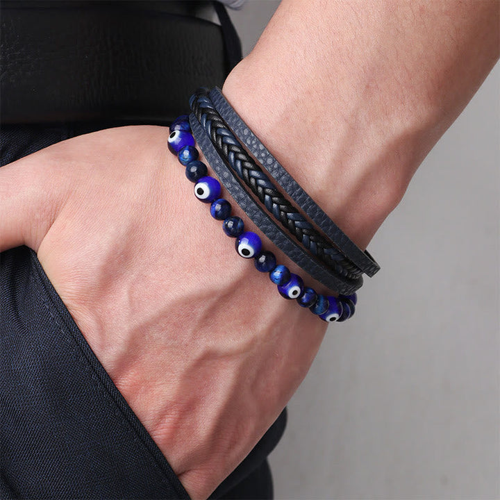 Armband Böses Auge blau schwarzes Leder Naturstein elastisch Handgelenk