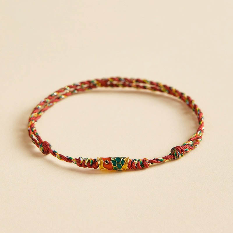 Armband Koi Fisch Wohlstand Energie rotes Seidengewebe golden verziert elastisch