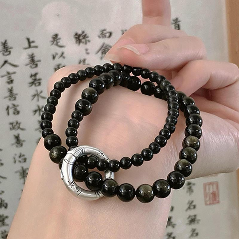Schwarzer Obsidian Armband 925 Silber Stärke Naturstein Handgelenk getragen