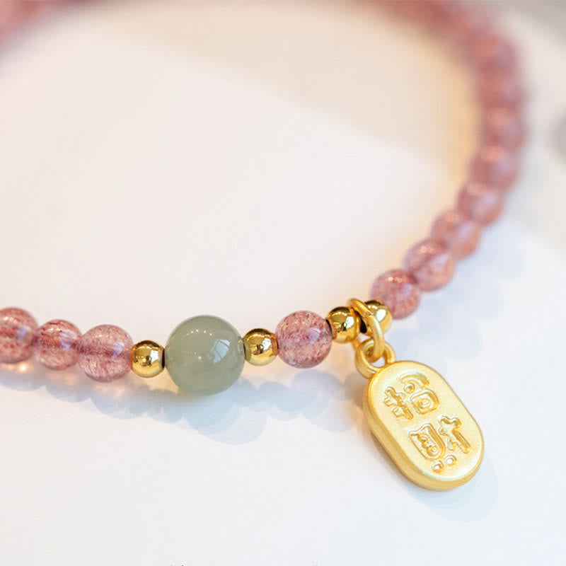 Armband Erdbeerquarz Granat Fu-Zeichen Glück Heilung Naturstein elegant