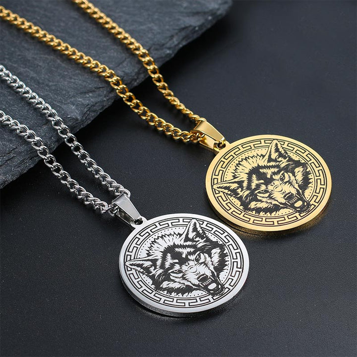 Kette Titanstahl Tier-Amulett Schutz Wolf Medaillon gold silber