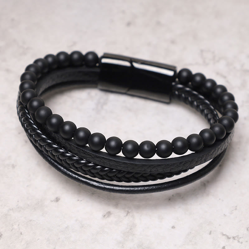 Armband Lava Stein Schwarz Onyx Leder