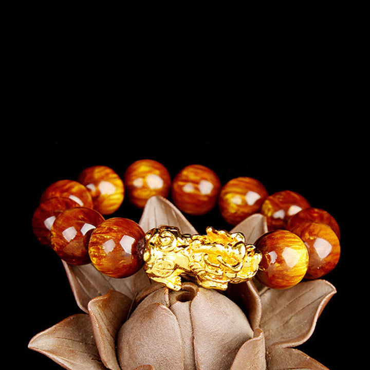 Armband Tigerauge Pixiu – Glück goldener Pixiu Naturstein orange braun