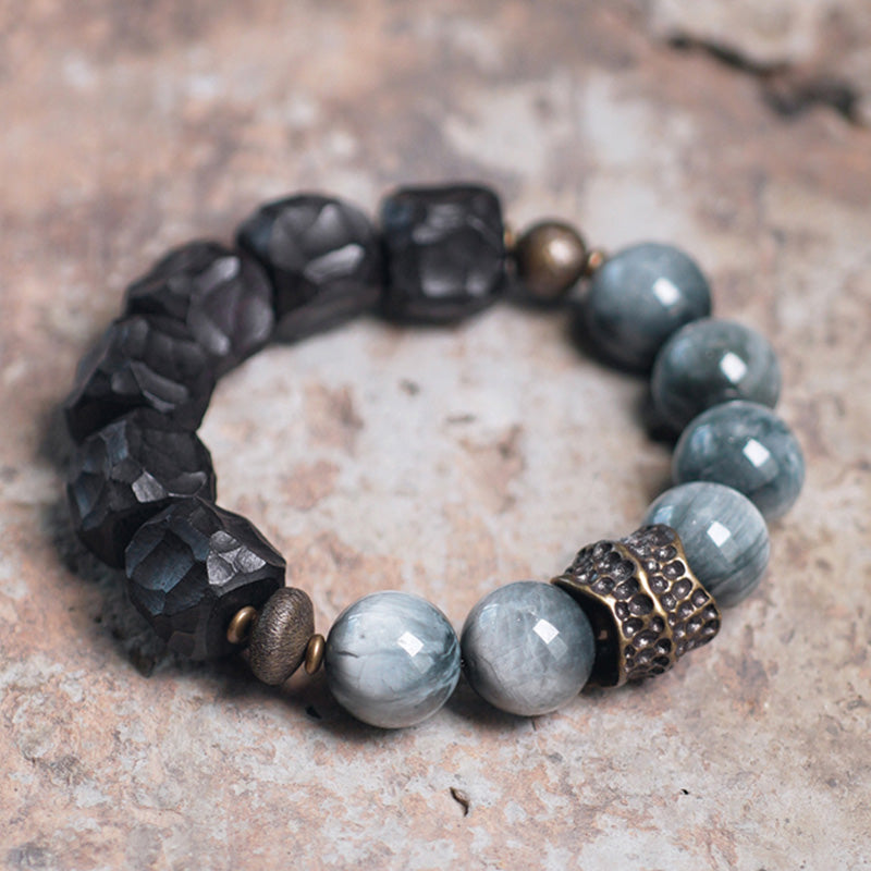 Armband Kupfer Ebenholz Paar mit grauen Steinen elegant gestylt