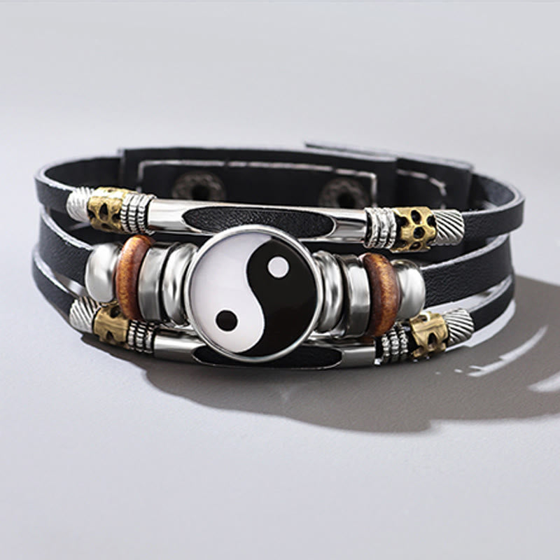 Armband Yin Yang – Balance Energie schwarzes Leder Naturstein Perlen