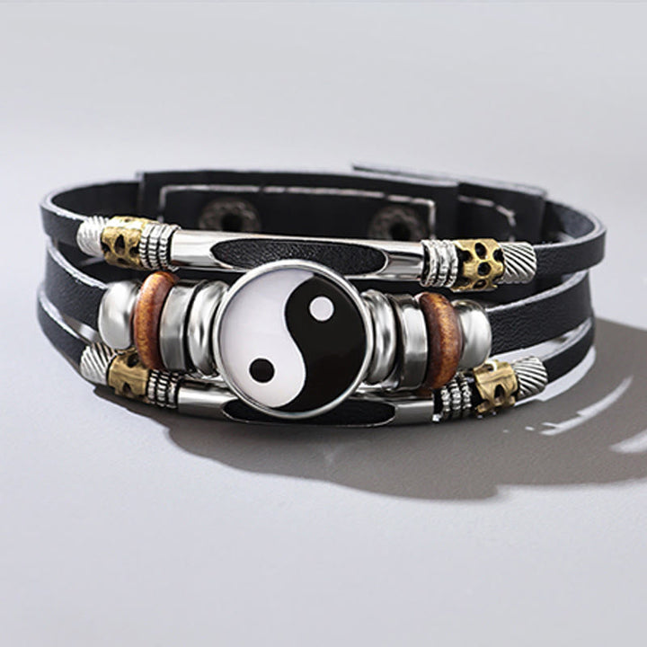 Armband Yin Yang – Balance Energie schwarzes Leder Naturstein Perlen