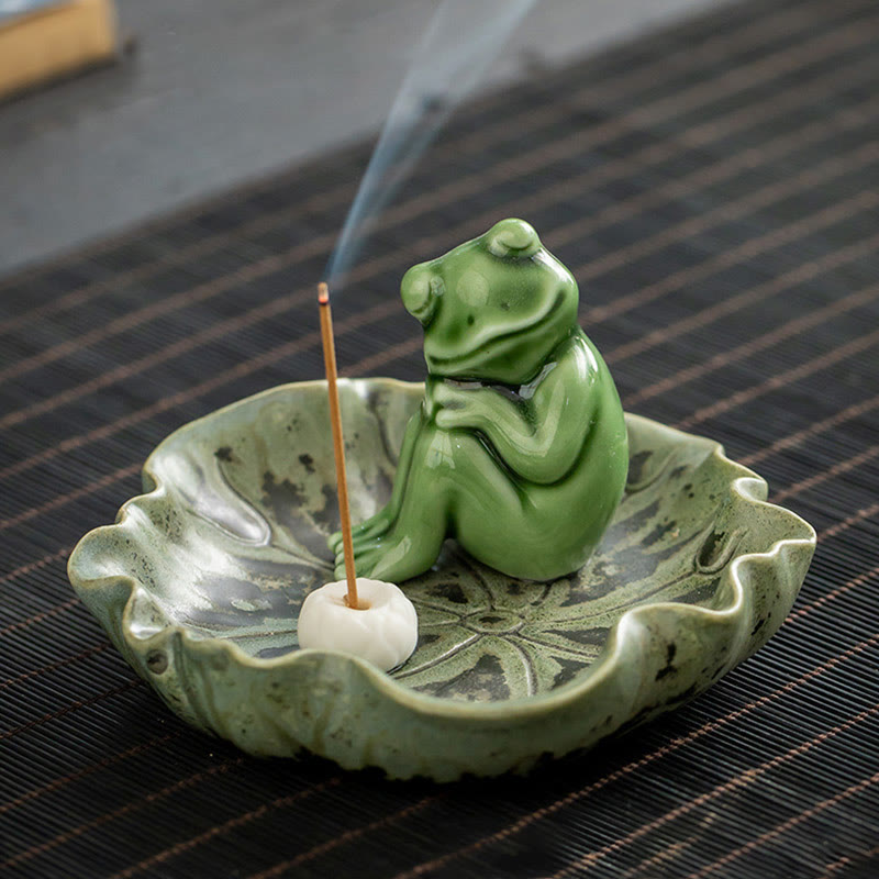 Räucherstäbchenhalter Frosch Blatt Keramik Meditation Ruhender Frosch auf Lotusblatt