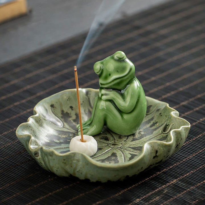 Räucherstäbchenhalter Frosch Blatt Keramik Meditation Ruhender Frosch auf Lotusblatt